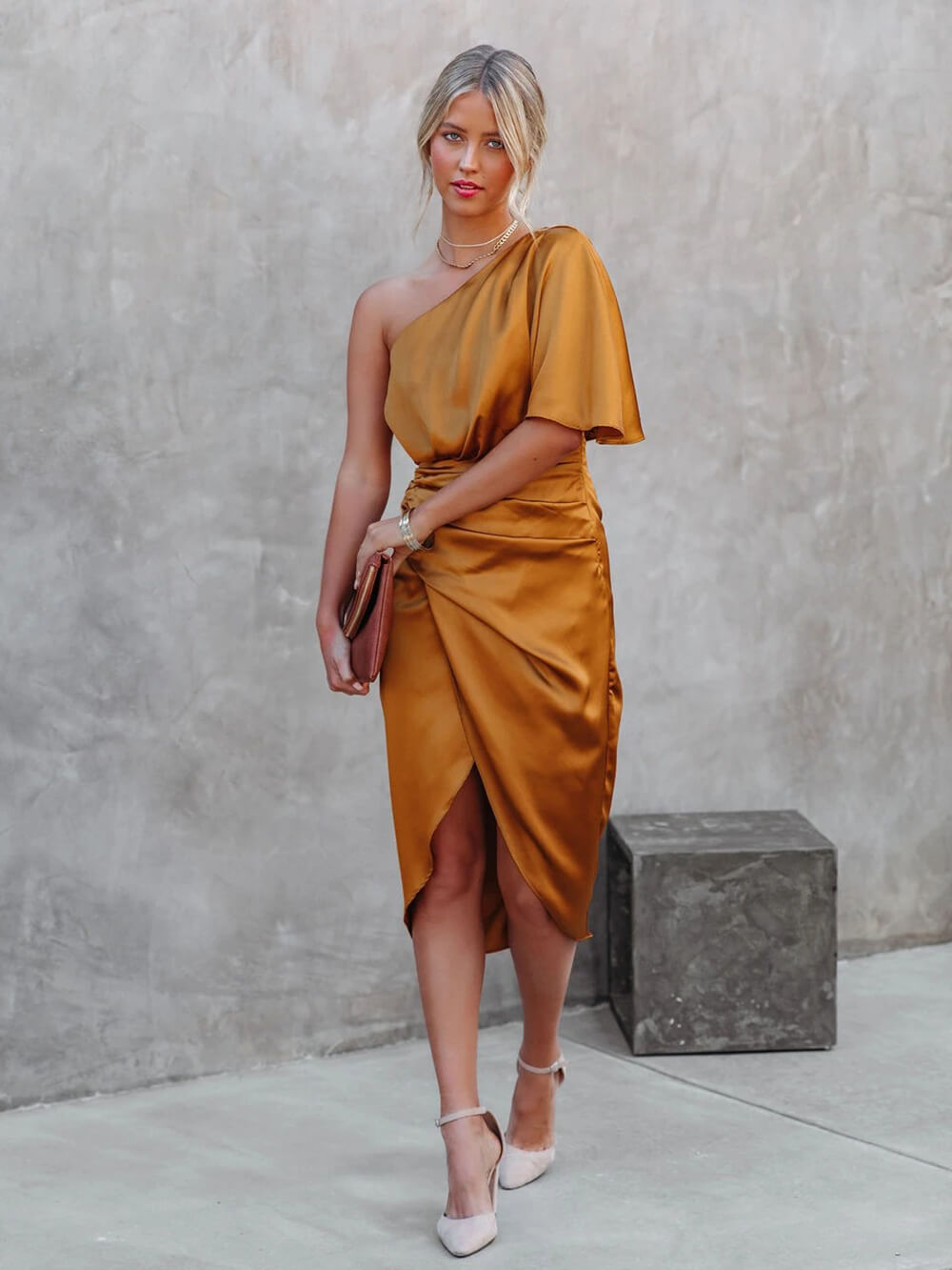 One Shoulder Draped Flutter Sleeve Wrap Ruched High Slit Midi Dress