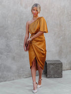 One Shoulder Draped Flutter Sleeve Wrap Ruched High Slit Midi Dress