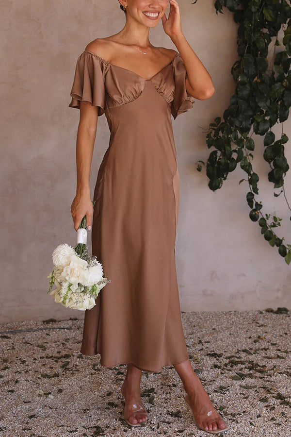 Off Shoulder Sweetheart Neck Flutter Sleeve Satin Bustier Midi Dress