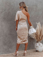 One Shoulder Draped Flutter Sleeve Wrap Ruched High Slit Midi Dress