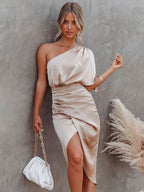 One Shoulder Draped Flutter Sleeve Wrap Ruched High Slit Midi Dress