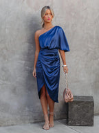 One Shoulder Draped Flutter Sleeve Wrap Ruched High Slit Midi Dress
