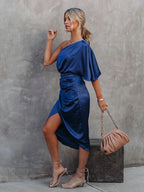 One Shoulder Draped Flutter Sleeve Wrap Ruched High Slit Midi Dress