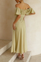 Off Shoulder Sweetheart Neck Flutter Sleeve Satin Bustier Midi Dress