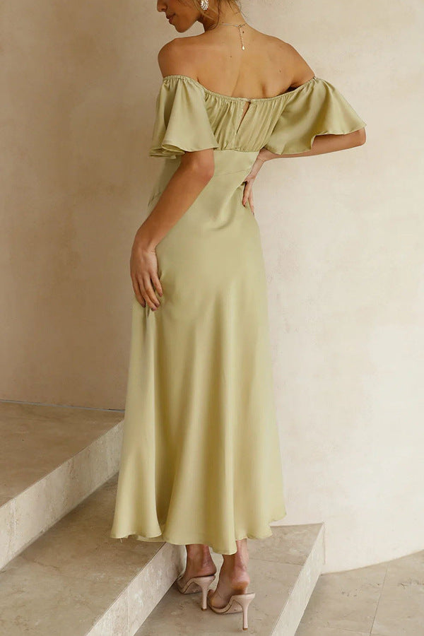 Off Shoulder Sweetheart Neck Flutter Sleeve Satin Bustier Midi Dress