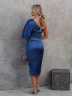 One Shoulder Draped Flutter Sleeve Wrap Ruched High Slit Midi Dress