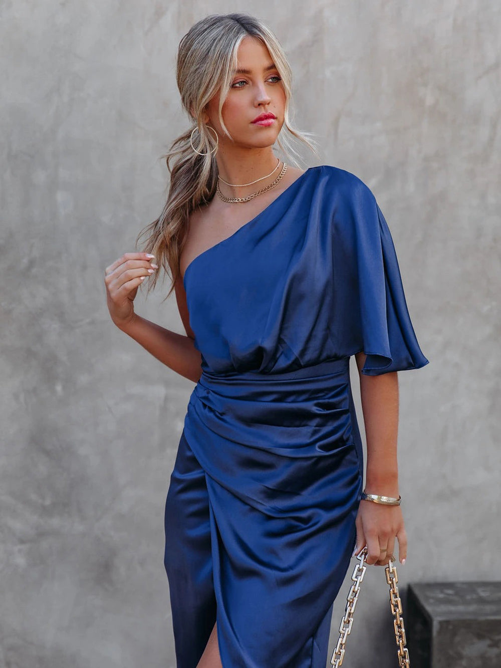 One Shoulder Draped Flutter Sleeve Wrap Ruched High Slit Midi Dress