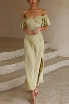 Off Shoulder Sweetheart Neck Flutter Sleeve Satin Bustier Midi Dress