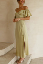 Off Shoulder Sweetheart Neck Flutter Sleeve Satin Bustier Midi Dress