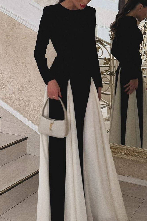 Long Sleeve Crew Neck Paneled Pleated Godet A-Line Maxi Dress