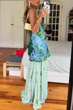 Fresh Bloom Unique Print Satin and Pleated Tulle Hem Slip Maxi Dress