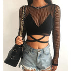 Hollow straps mesh T-shirt
