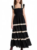 Square Neck Smocked Ruffle Strap Tiered Cotton Maxi Dress