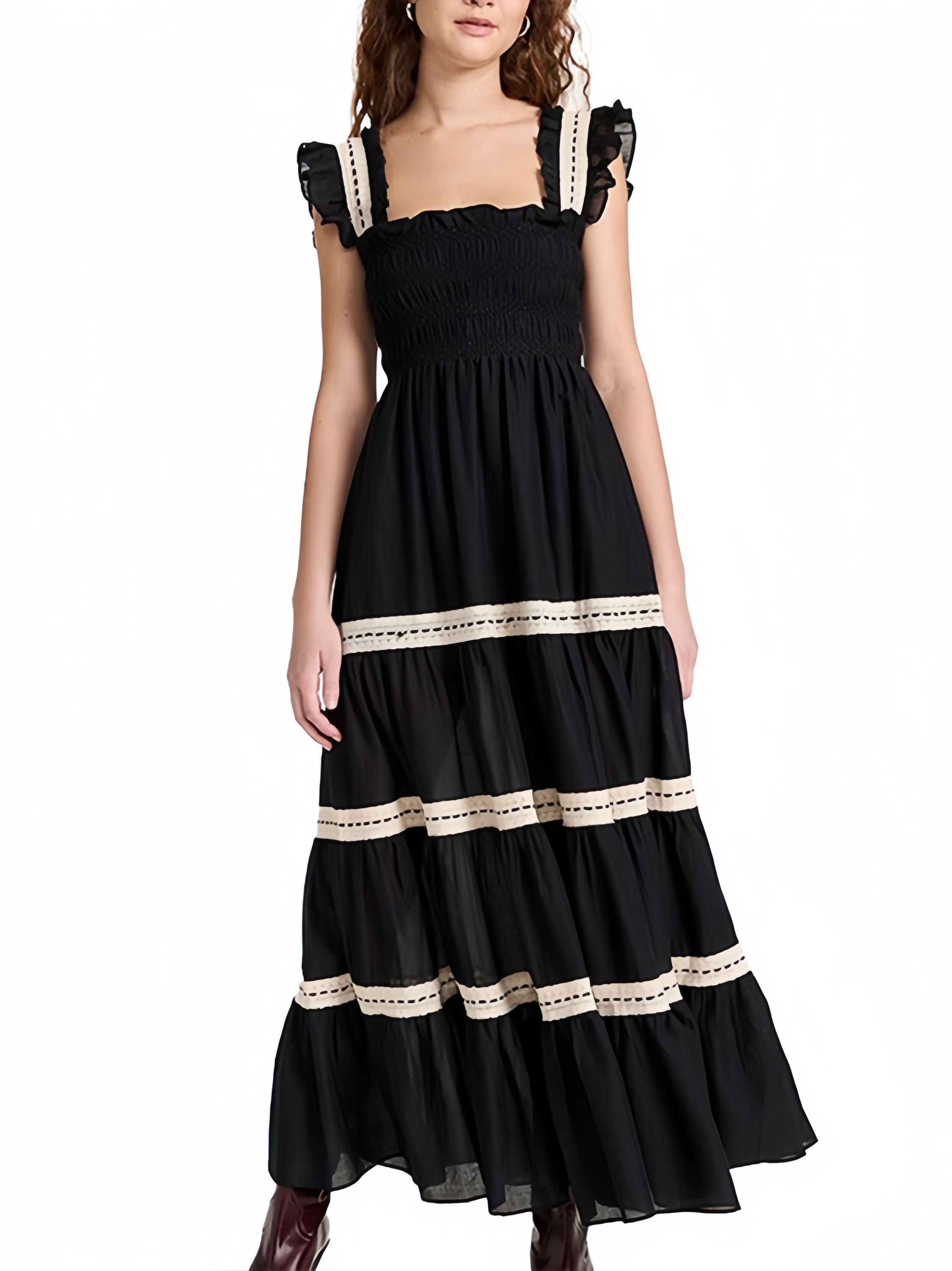 Square Neck Smocked Ruffle Strap Tiered Cotton Maxi Dress