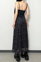 Lace Trim Mesh Floral Spaghetti Strap Midi Dress