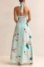 Floral Print V-neck Backless Tie-up Fitted Waist Elegant Maxi Dress