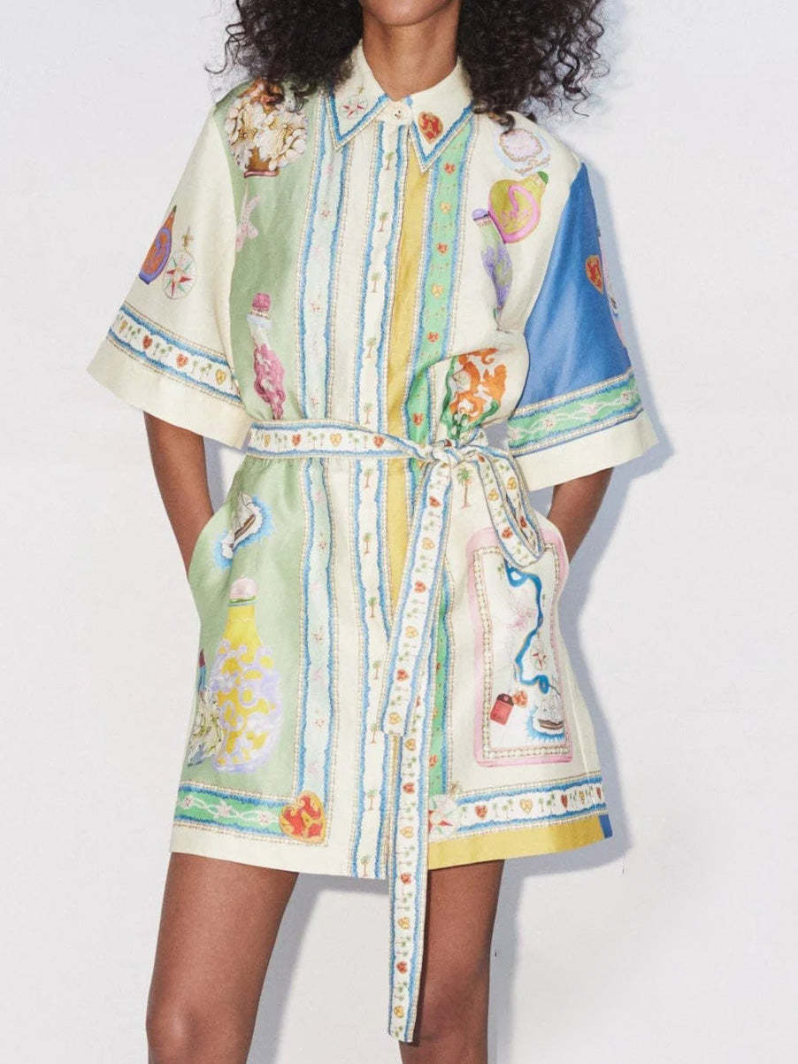 Scarf Panel Collar Button Front Tie Waist Shirt Mini Dress