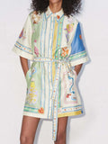 Scarf Panel Collar Button Front Tie Waist Shirt Mini Dress