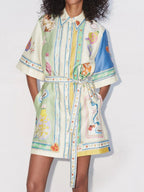 Scarf Panel Collar Button Front Tie Waist Shirt Mini Dress