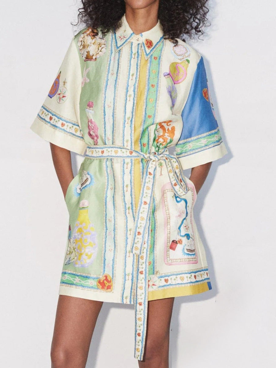 Scarf Panel Collar Button Front Tie Waist Shirt Mini Dress