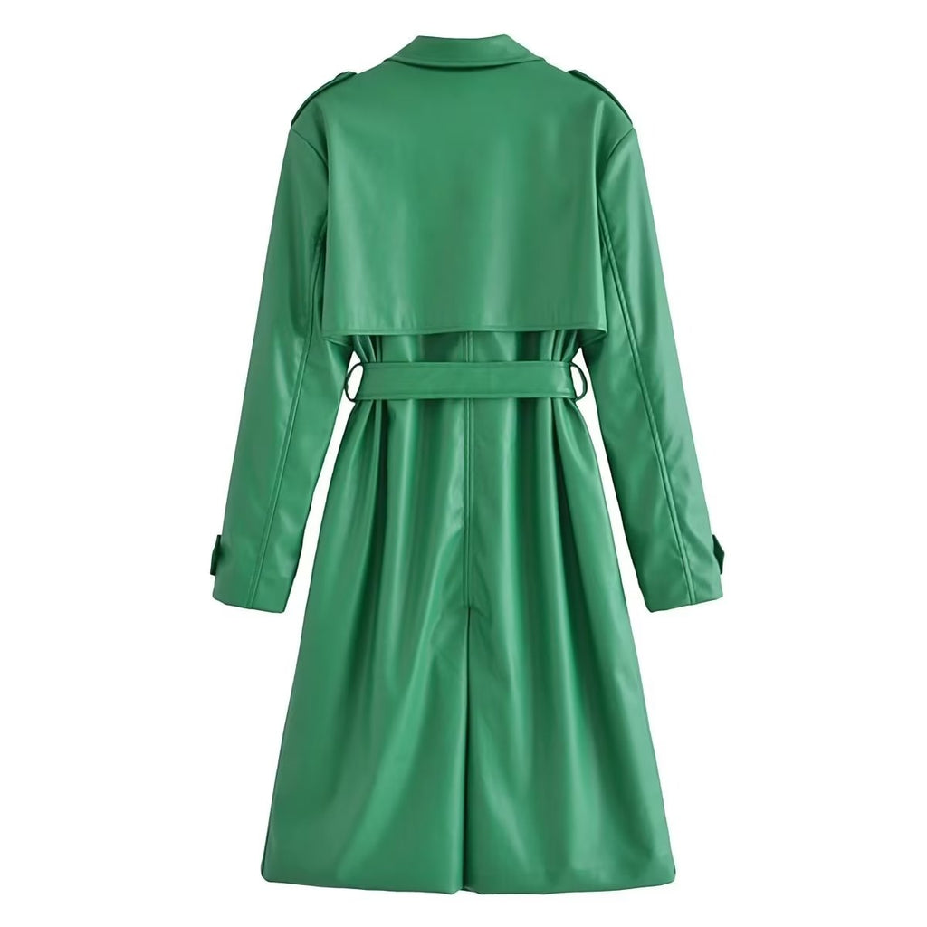 Faux Leather Belt Windbreaker Trench Coat