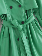 Faux Leather Belt Windbreaker Trench Coat