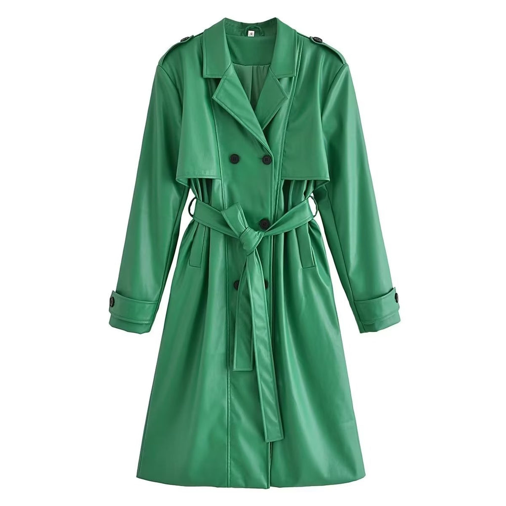 Faux Leather Belt Windbreaker Trench Coat