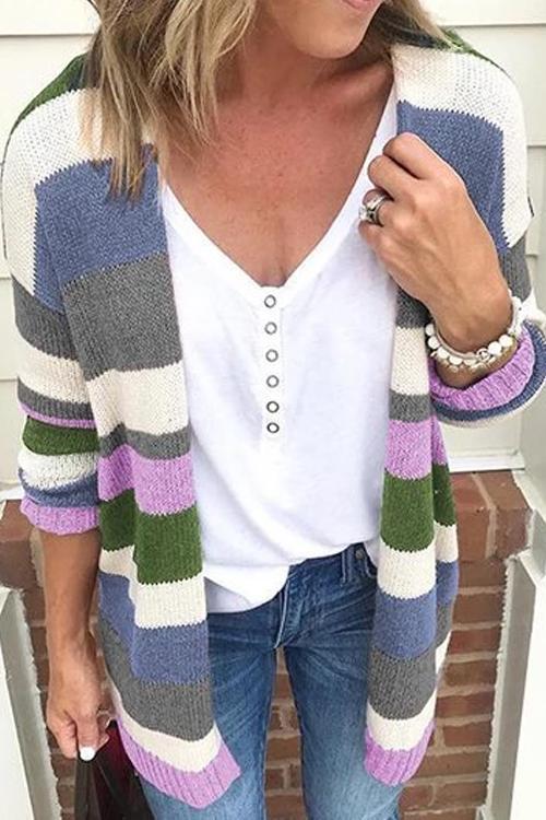 Rainbow Stripes Open Front Cozy Sweater Cardigan