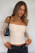 Solid Off Shoulder Ruched Double Mesh Slim Crop Top