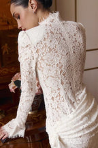 White Mock Neck Padded Shoulder Floral Lace Ruched Bodycon Mini Dress