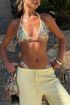 Stylish Sequined Halter Neck Tie Stretch Bikini Swimsuit and Beach Cover-up Mini Skirt Three-piece Set