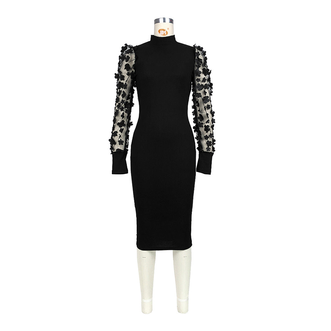Mesh Sleeves High ollar Dress