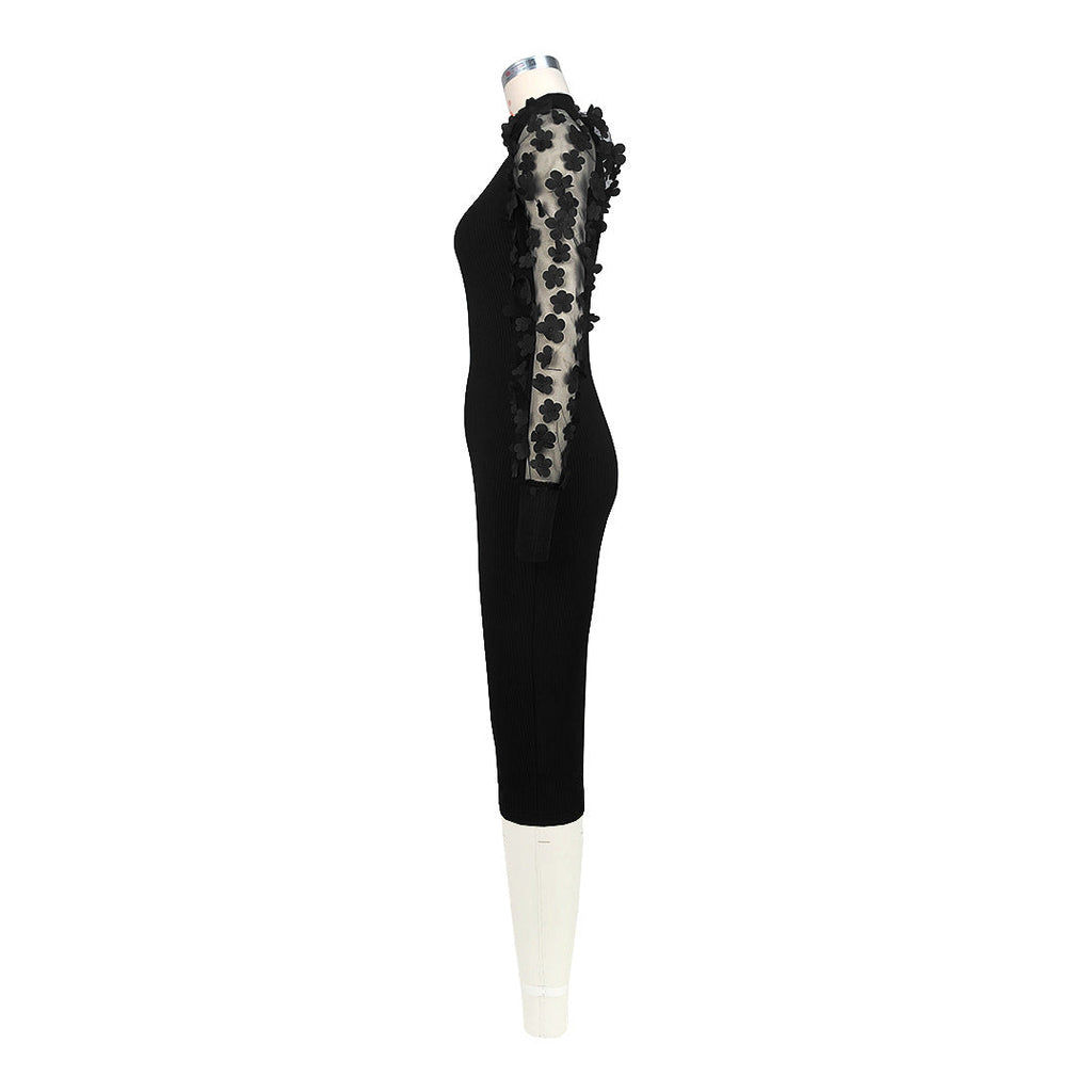 Mesh Sleeves High ollar Dress