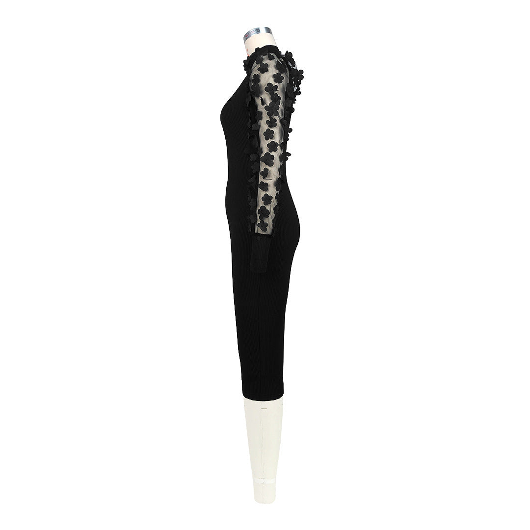 Mesh Sleeves High ollar Dress