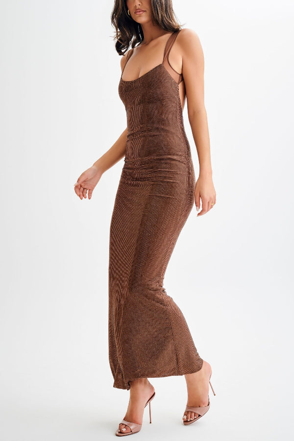 Purple Chic Midnight Fantasy Stretch Sequin Mesh Strap Open Back Maxi Dress Designer Edit