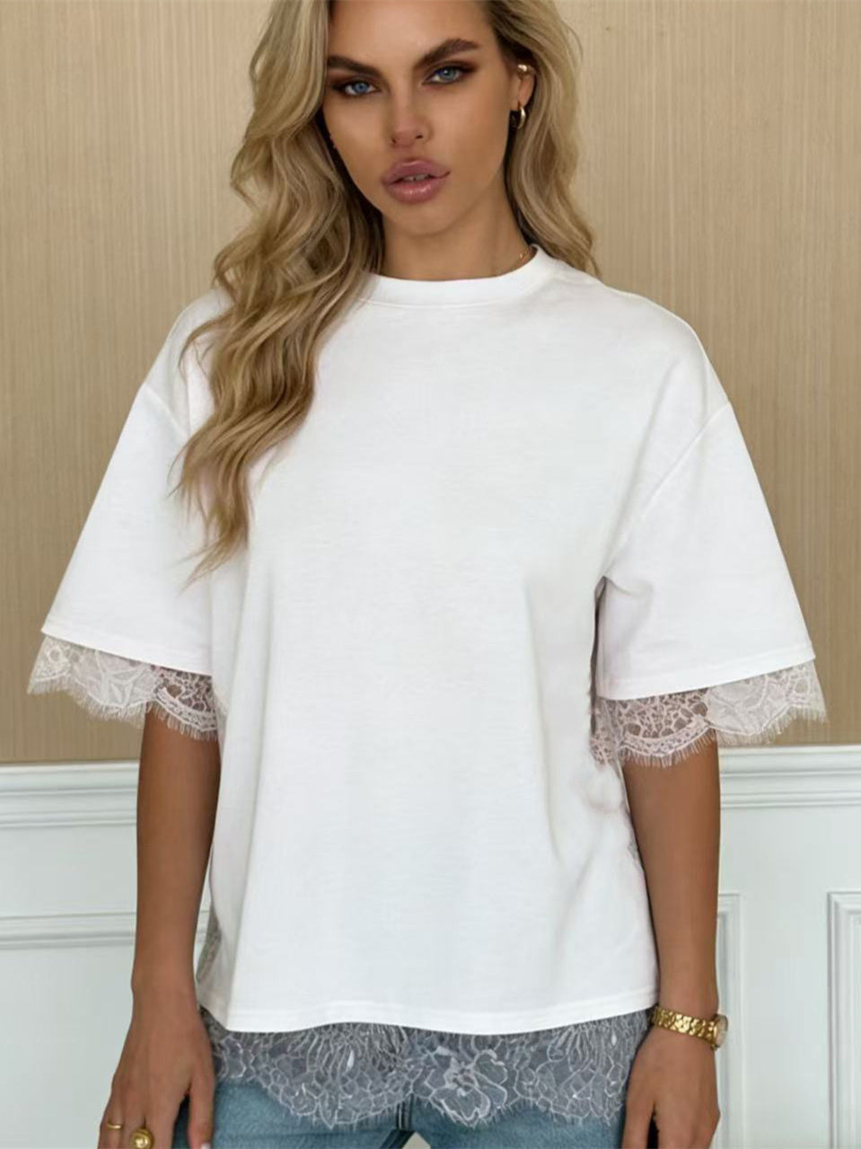 French-style Delicate Lace Trim Short Sleeve T T-shirt