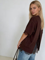 French-style Delicate Lace Trim Short Sleeve T T-shirt