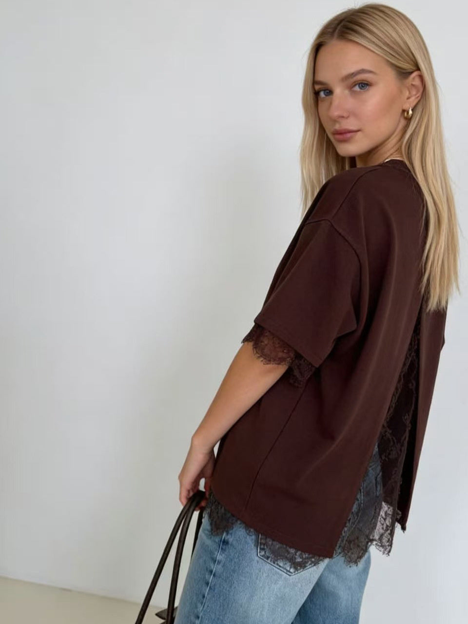 French-style Delicate Lace Trim Short Sleeve T T-shirt