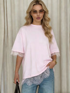 French-style Delicate Lace Trim Short Sleeve T T-shirt