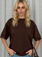 French-style Delicate Lace Trim Short Sleeve T T-shirt