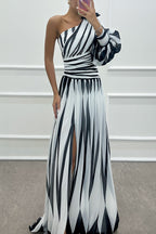 Geometric Stripe Print One Shoulder Lantern Sleeve Pleated High Split Maxi Gown