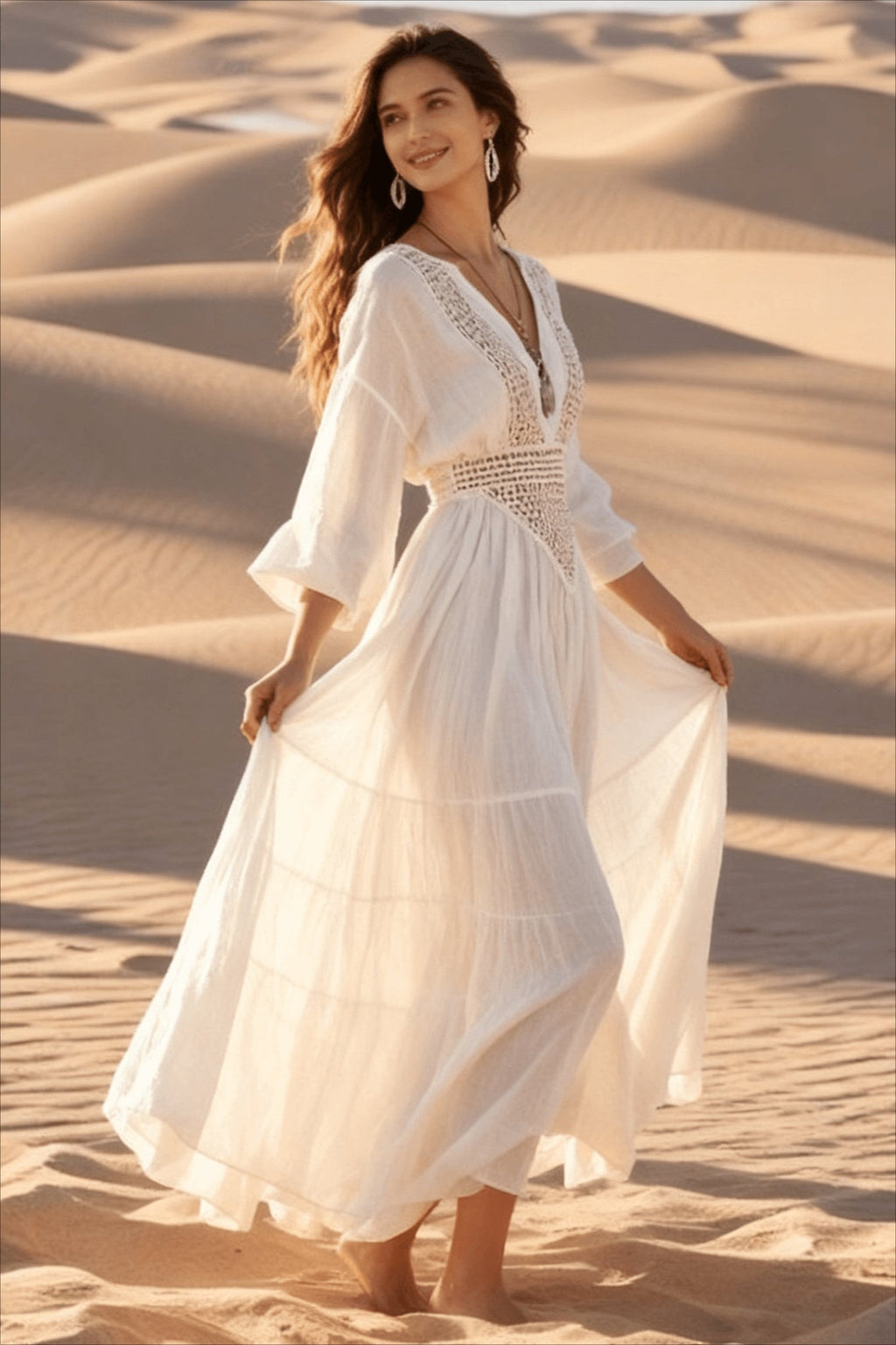 Crochet Lace Deep V-Neck Bell Sleeve Tiered Maxi Dress