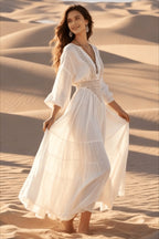 Crochet Lace Deep V-Neck Bell Sleeve Tiered Maxi Dress