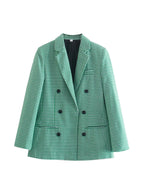 Vintage Single Breasted Long Sleeve Plaid Women Padded Shoulder Blazer