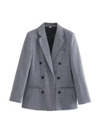 Vintage Single Breasted Long Sleeve Plaid Women Padded Shoulder Blazer