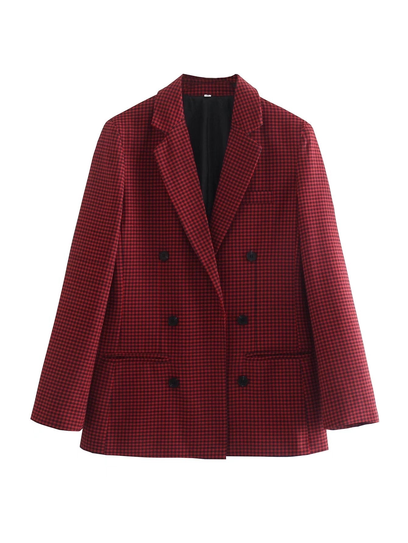 Vintage Single Breasted Long Sleeve Plaid Women Padded Shoulder Blazer