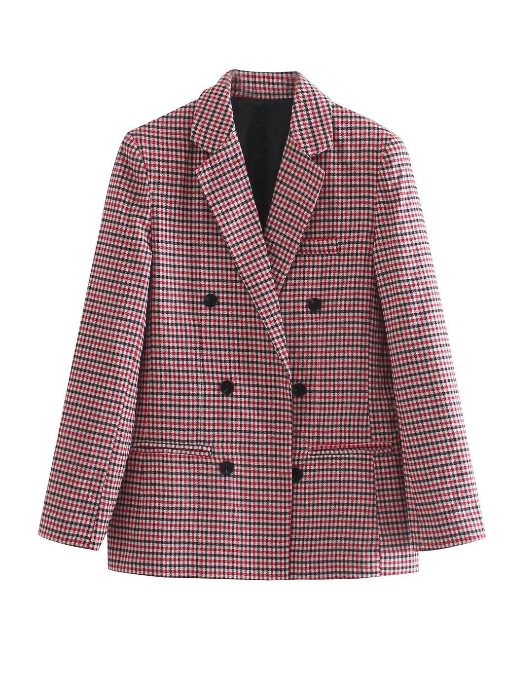 Vintage Single Breasted Long Sleeve Plaid Women Padded Shoulder Blazer
