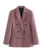 Vintage Single Breasted Long Sleeve Plaid Women Padded Shoulder Blazer