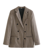 Vintage Single Breasted Long Sleeve Plaid Women Padded Shoulder Blazer