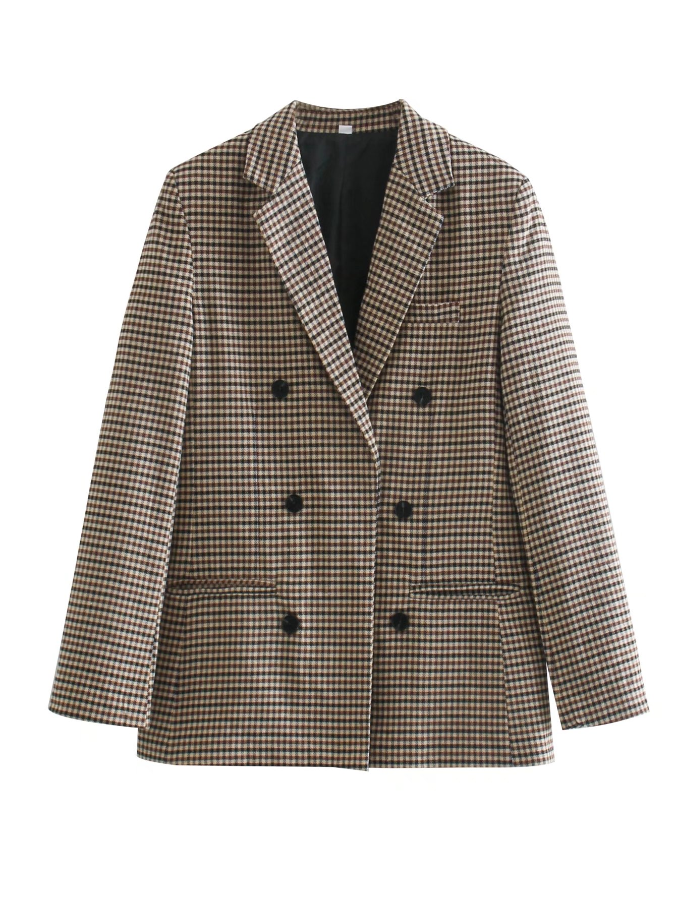 Vintage Single Breasted Long Sleeve Plaid Women Padded Shoulder Blazer